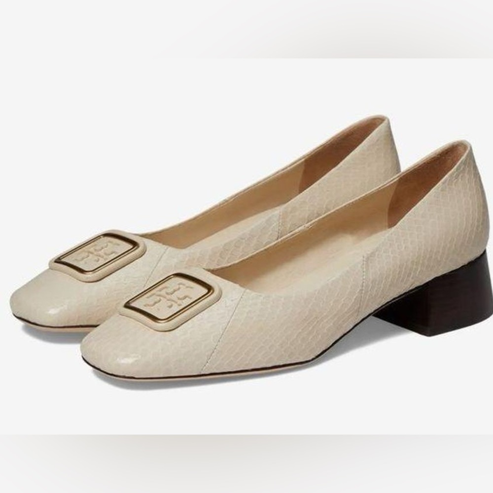 Tory Burch Cream Flats with Metal Buckle and Square Toe